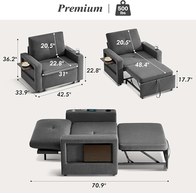 WEUP 42.5" Sleeper Chair Bed, 3-in-1 Convertible Reclining Sofa Chair - Image 2