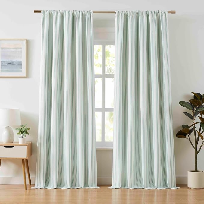 ZJDECOR Green White Striped Full Blackout Curtain Panels 90 Inches Long | by ZJDECOR