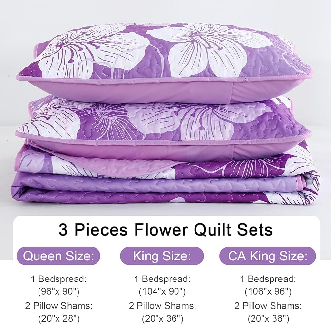DJY Purple Floral Pattern King Quilt Set 3 Pieces Botanical Bedspread Summer - Image 5