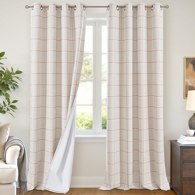 Plaid Curtains 90 Inches Long, 2 Panels Each 52 Wide, Terracotta | Linen by Lajode