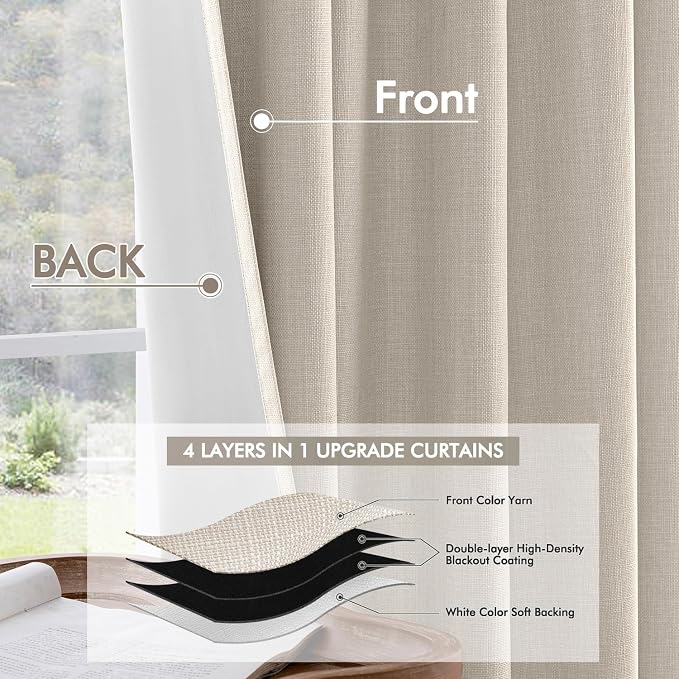 MIULEE 100% Blackout Back Tab Pleat Linen Curtains 50" Wx102 L, Thick Faux Linen - Image 5
