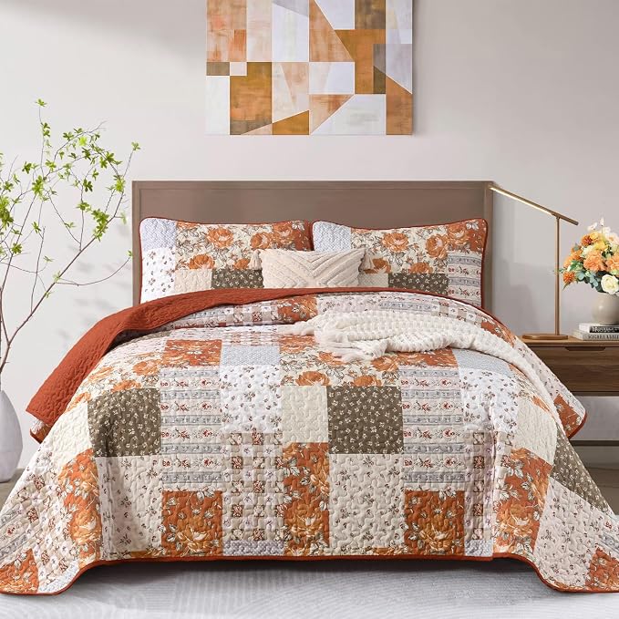 Anibedding Floral Patchwork Quilt Set Queen, Terracotta Plaid Bedspread | 3 Pcs by Anibedding