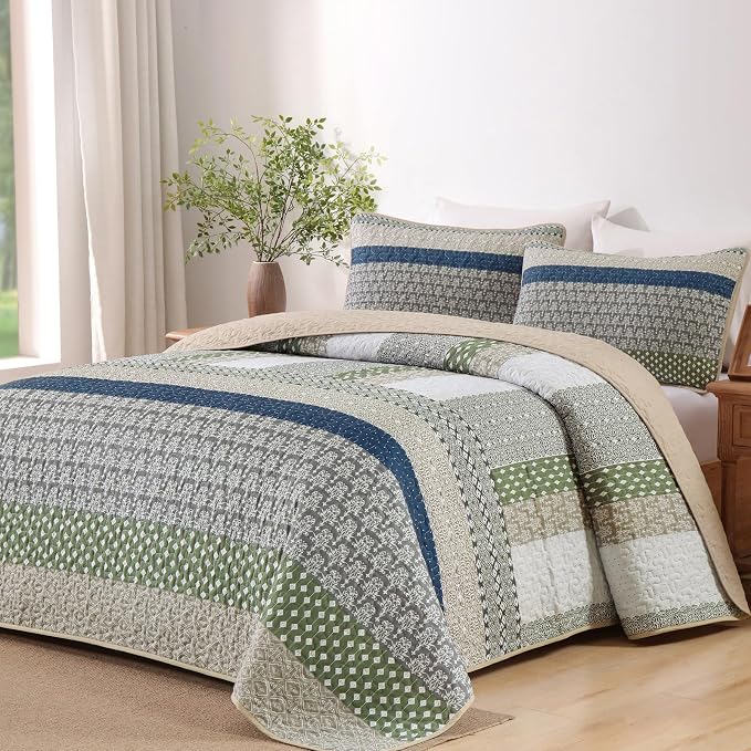 WONGS BEDDING Queen Quilt Set Khaki Green, 3 Pieces Striped Bedspread | Ultra by WONGSBEDDING