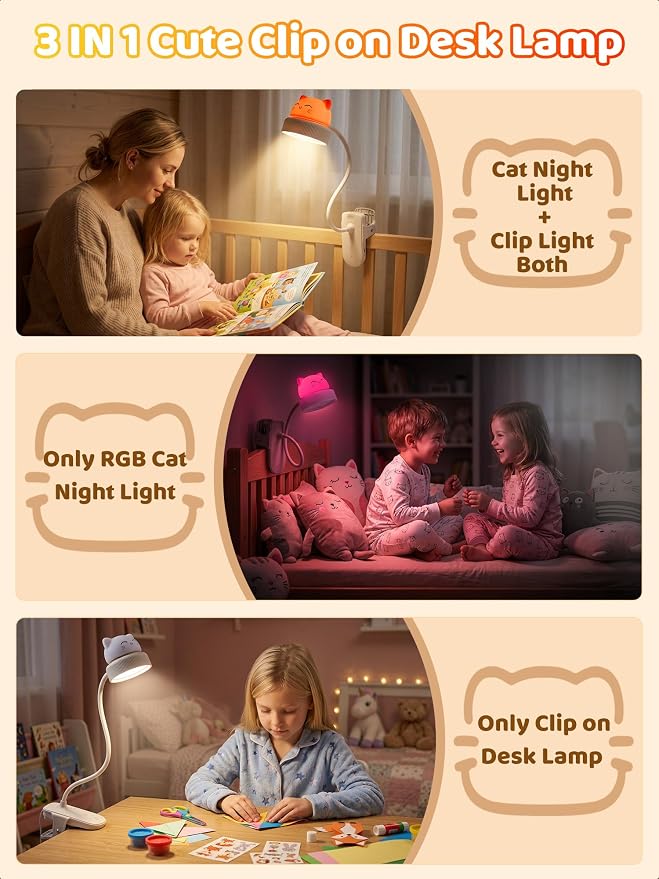Cat Lamp, Dimmable RGB Clip on Light, Cute Desk Lamp Rechargeable Night Light | - Image 2
