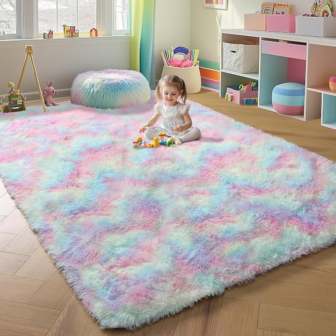 Rainbow Area Rugs for Girls Bedroom, 4x6 Fluffy Bedside Colorful Rug, Cute Soft - Image 9
