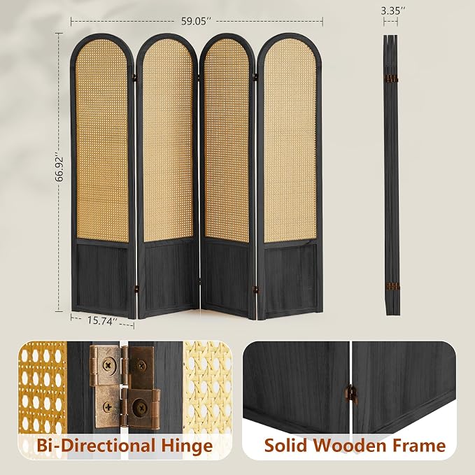 4 Panel Room Dividers and Folding Privacy Screens, Hand-Made Rattan Room Divider - Image 4
