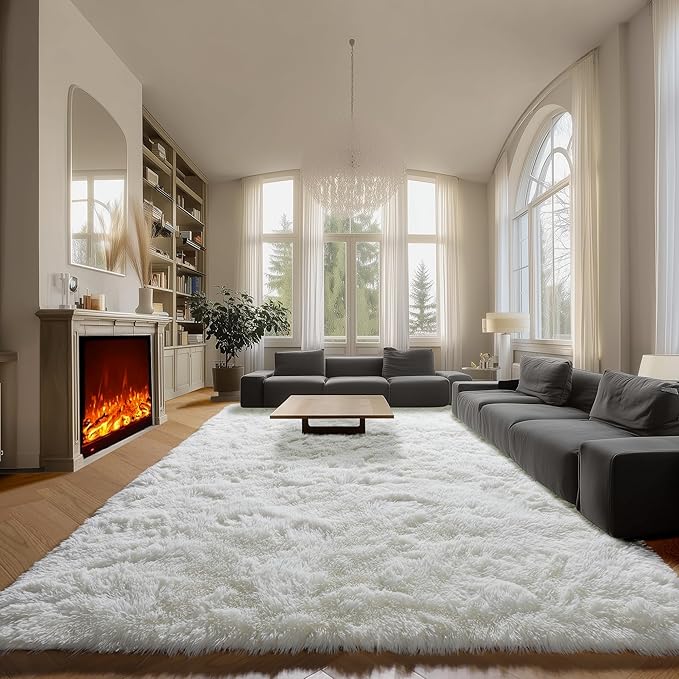 Cream White Area Rugs 9x12 Living Room, Ivory Large Fluffy Shag Bedroom Rug - Image 6
