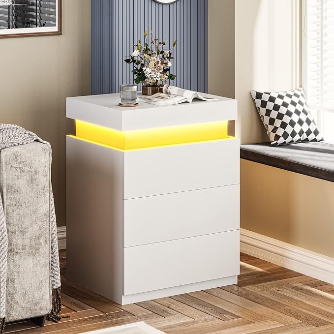 ADORNEVE White Nightstand with Charging Station and LED Lights | Modern Night - Image 7