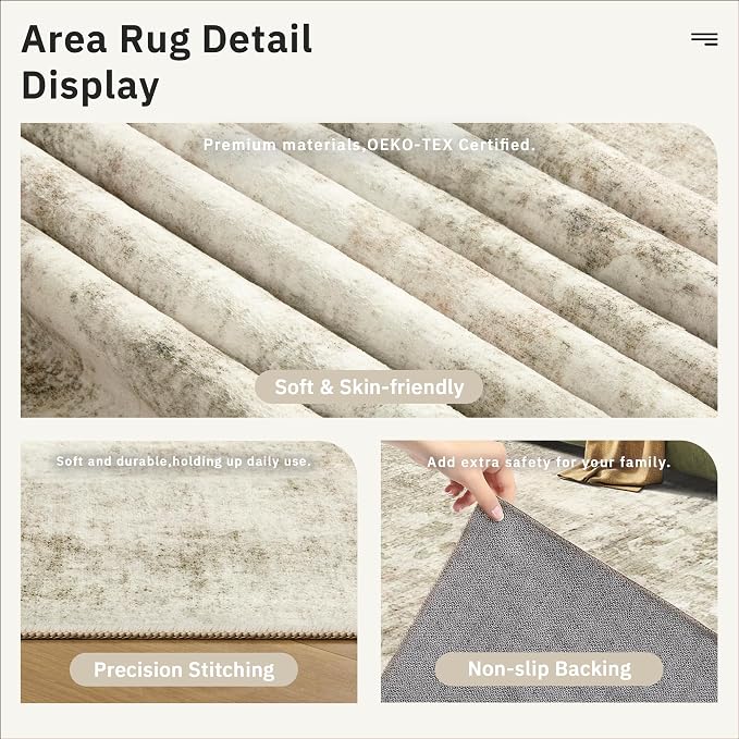 Soalmost Abstract Rug 8x12 Large Living Room Area Rugs Washable Beige/Gray | - Image 6