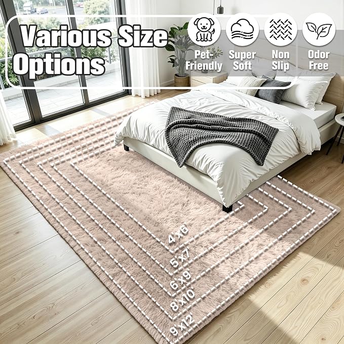 8x10 Fluffy Area Rug for Living Room: Soft Non-Slip Beige Bedroom Carpet | - Image 8