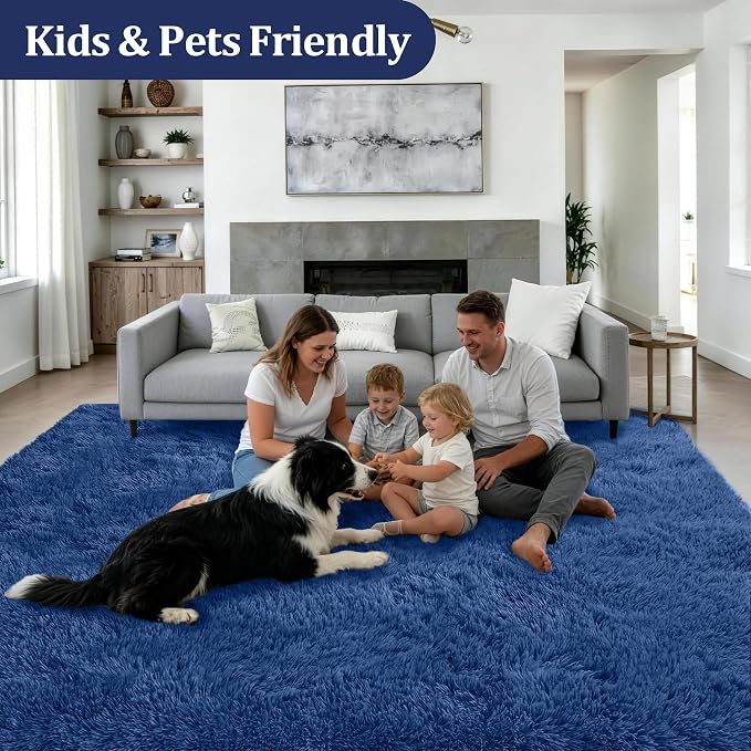 Area Rug Living Room Bedroom: 5x7 Fluffy Plush Shag Carpet Blue | - Image 4