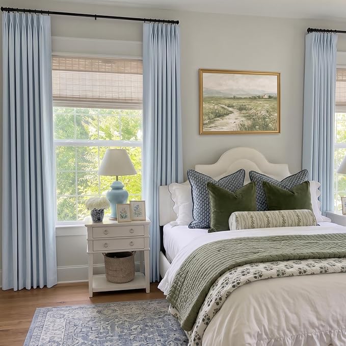 Pinch Pleated Full Blackout Faux Linen Curtains 96 Inches Long | Chambray Blue - Image 4
