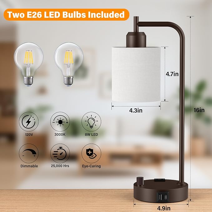 Industrial Table Lamps with Linen Shade, 2 LED Bulbs Included - Image 3