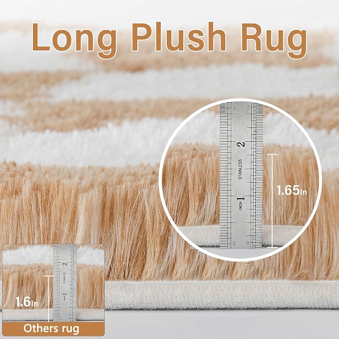Brown Area Rug 9x12 for Living Room Soft Checkered Shag Carpet | Machine - Image 2