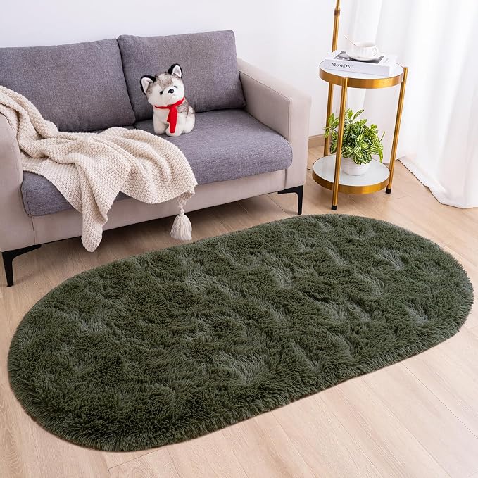 Goideal Fluffy Bedroom Rug, Small Oval Area Rugs, Olive Green Shag Bedside - Image 2