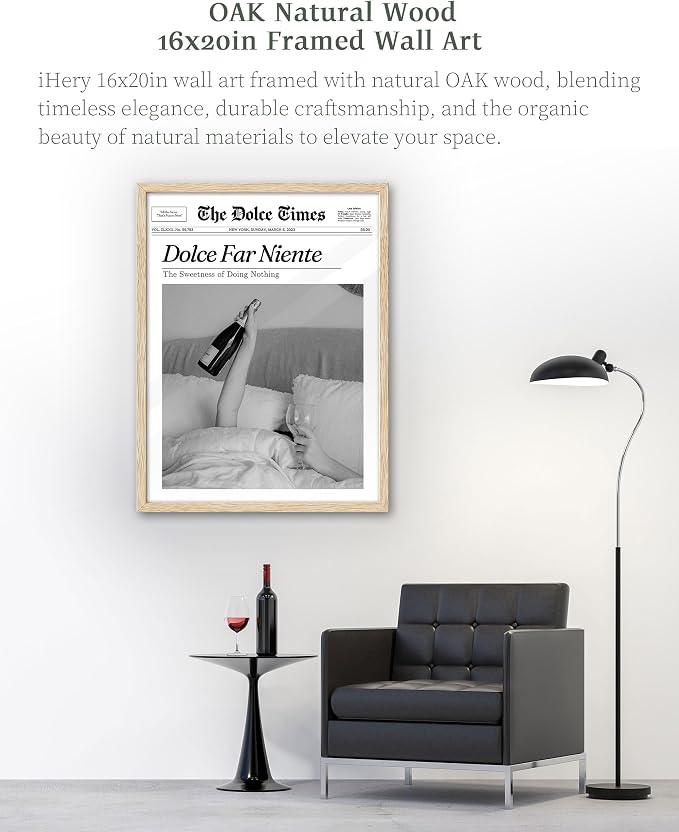 iHery 16x20in Dolce Far Niente Framed Newspaper Wall Art | Natural OAK Wood - Image 4