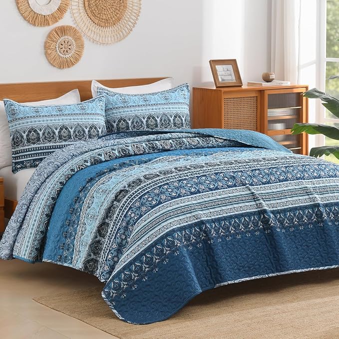 Blue King Size Quilt Set, 3 Pieces Boho Striped Bedspread | Soft Lightweight - Image 2