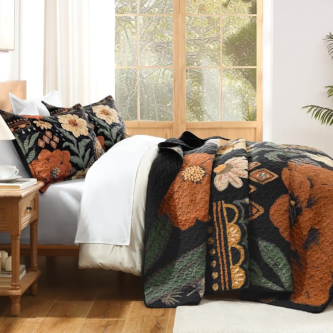 Oversized King Quilt Set Black, 120x120 Floral Super King Bedspread | 3 Pieces - Image 4