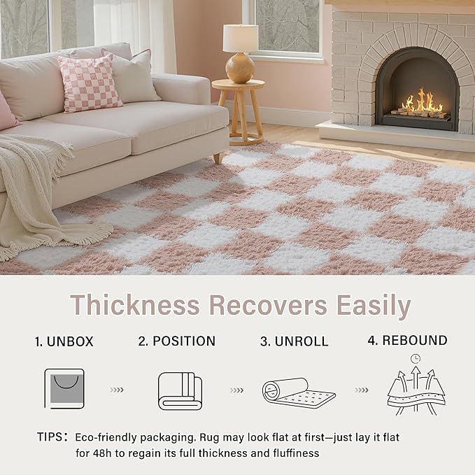 Pink Area Rug 7x10 for Living Room Soft Checkered Shag Carpet | Machine Washable - Image 8