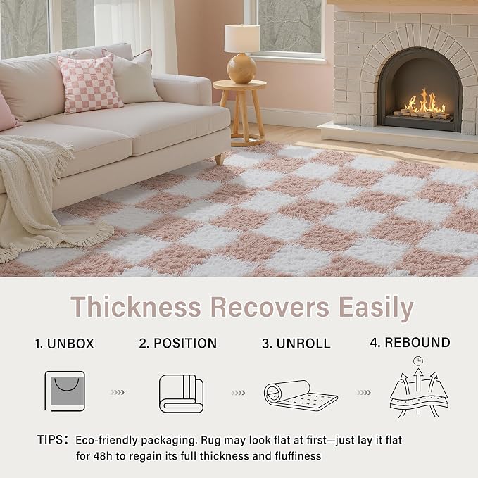 Pink Area Rug 5x8 for Bedroom Soft Fluffy Checkered Shag Carpet | Machine - Image 5