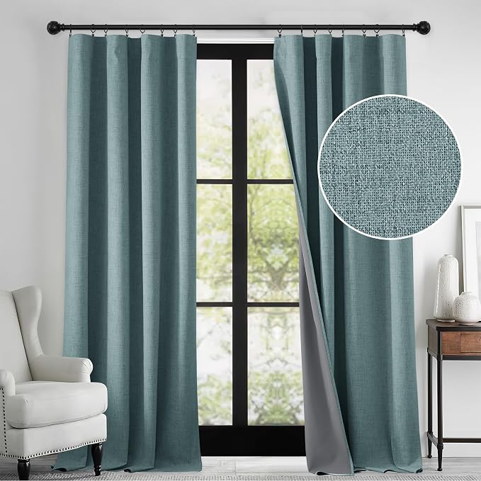 RYB HOME 100% Blackout Linen Textured Curtains 108 inches Long, Thermal by RYBHOME