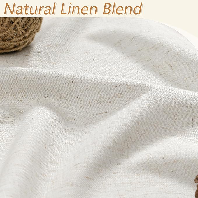 Beige White 100% Blackout Linen Curtains 96 Inch Length 2 Panels Set - Image 3