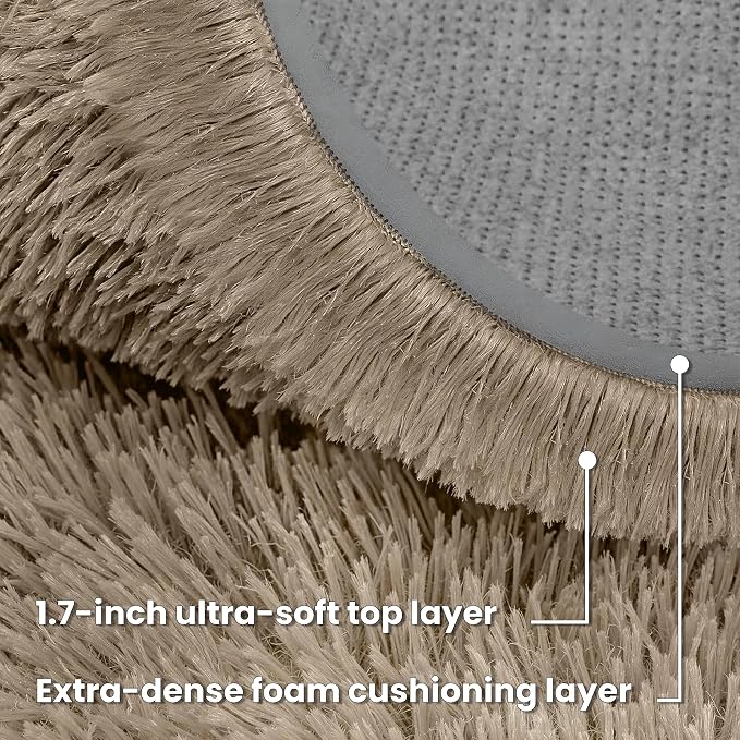 Grey Camel Round Fluffy Rug 5ft Plush Fuzzy Shaggy Carpet | Soft Rugs - Image 7