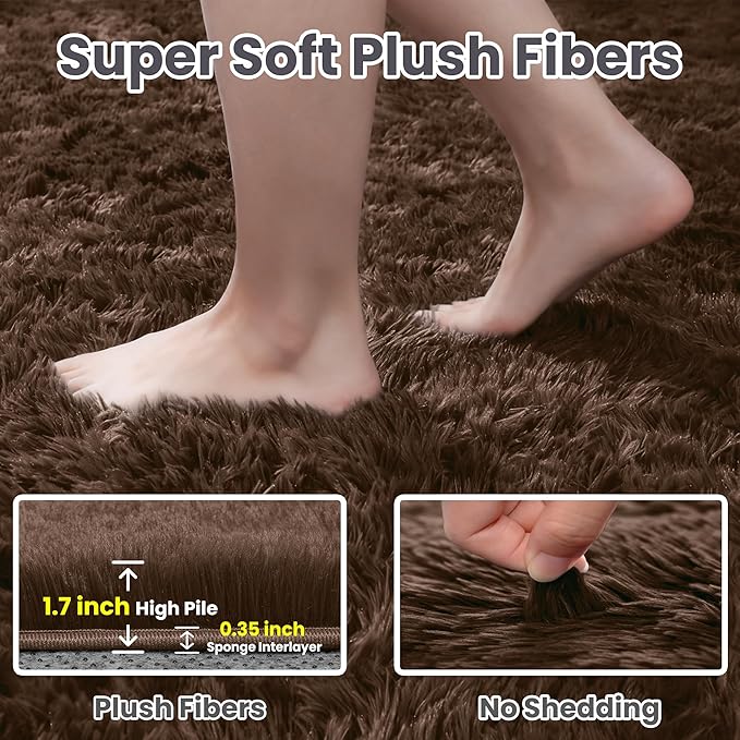 2x6 Fluffy Shag Area Rugs for Living Room Bedroom: Soft Plush Carpet Brown | - Image 5