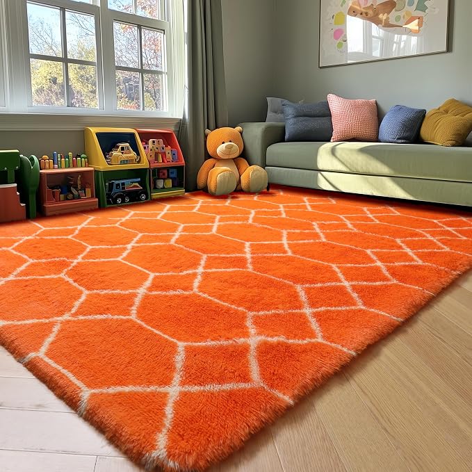 Area Rugs for Bedroom Living Room, 4x6 Fluffy Orange and White Throw Rug - Image 9