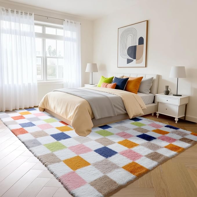 KICMOR Rugs for Living Room 5x7, Fluffy Soft Colorful Checkered Shag Area Rug - Image 3