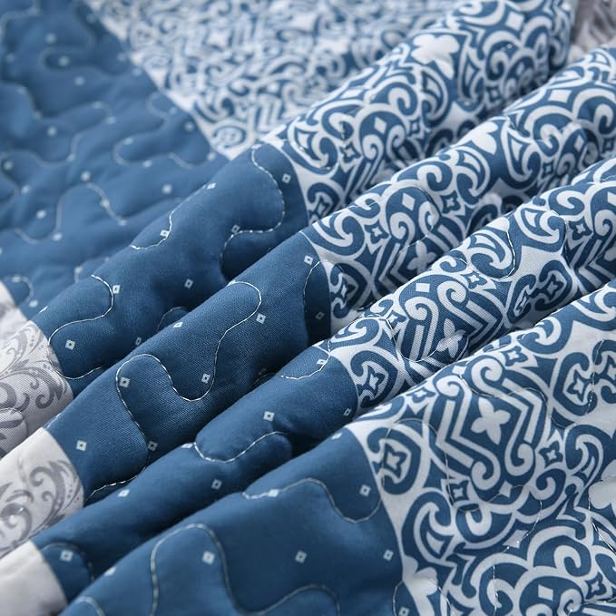 WONGS BEDDING Blue Quilt King Size, 3 Pieces Boho Striped Bedspreads | - Image 9