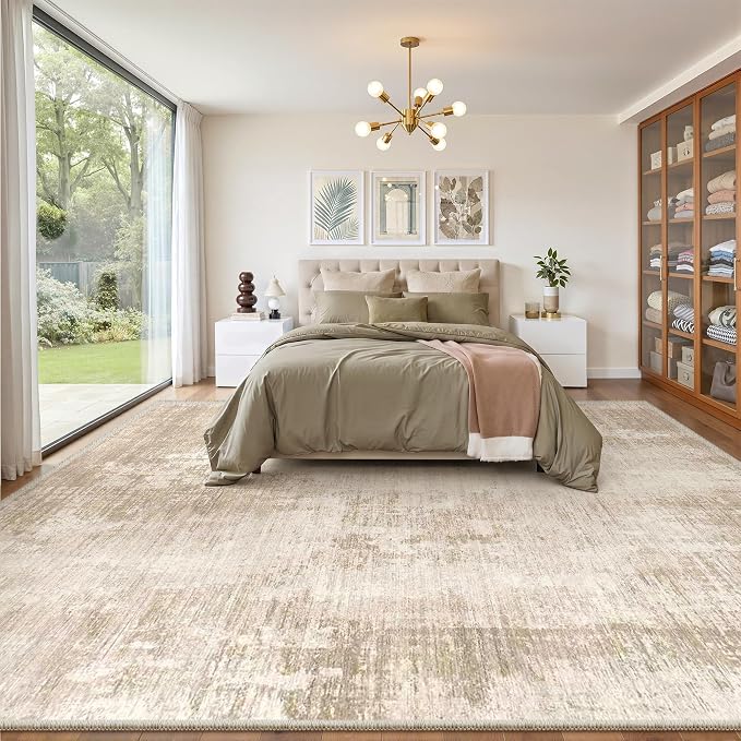 8x10 Area Rugs for Living Room, Large Washable Rug Non Slip Beige | Soft Thin & by Valenrug
