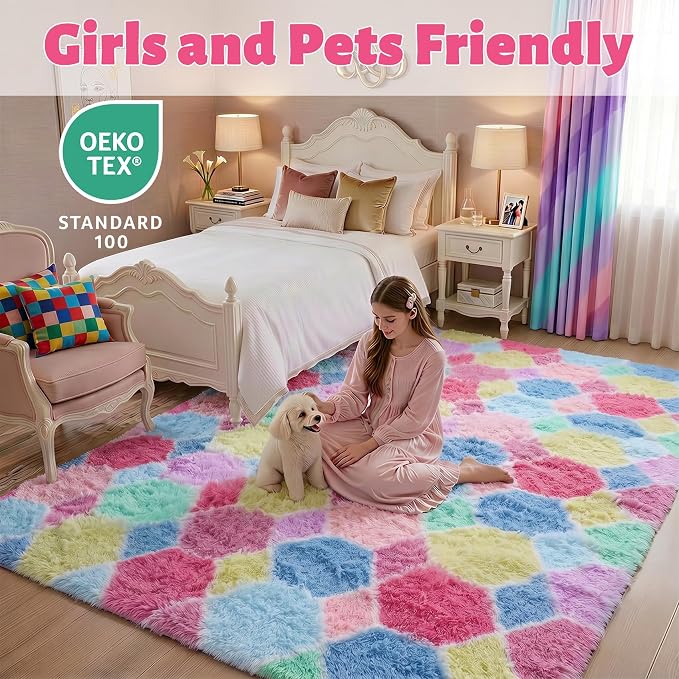 Checkered 8x10 Area Rugs for Living Room, Large Fluffy Pink Rainbow Colorful - Image 6