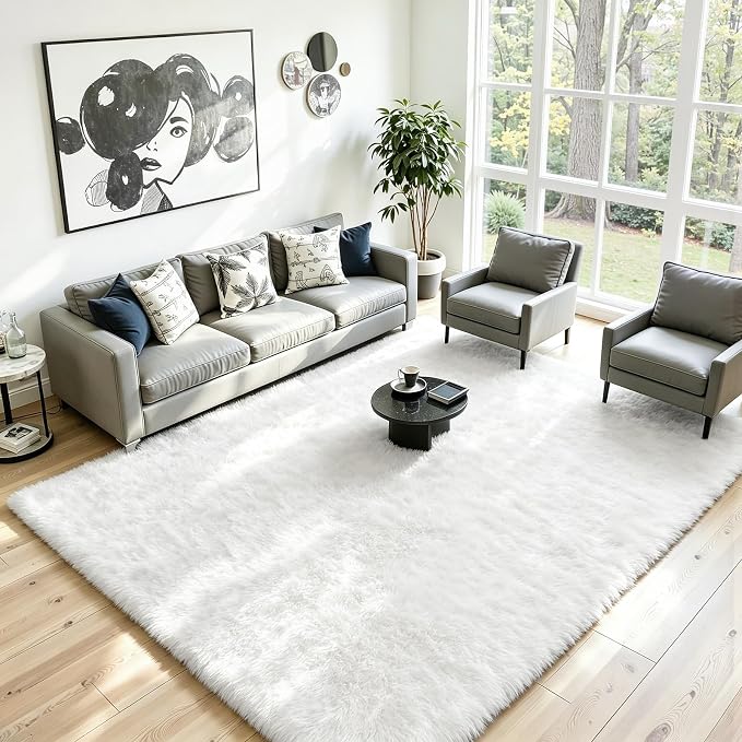 9x12 Fluffy Area Rug for Living Room: Soft Non-Slip White Bedroom Carpet | - Image 2