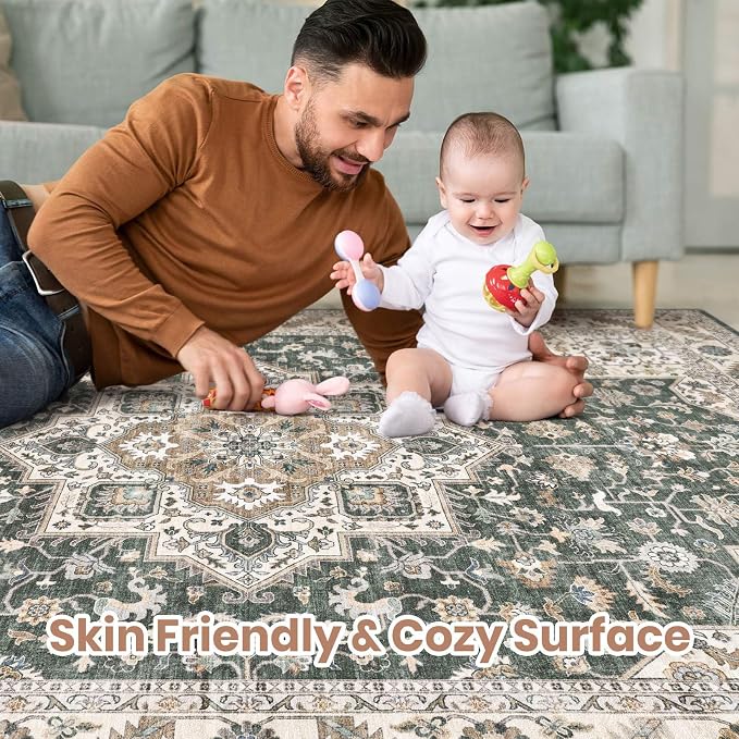 cotiled 9x12 Area Rug for Living Room, Traditional, Vintage Green | Soft - Image 4