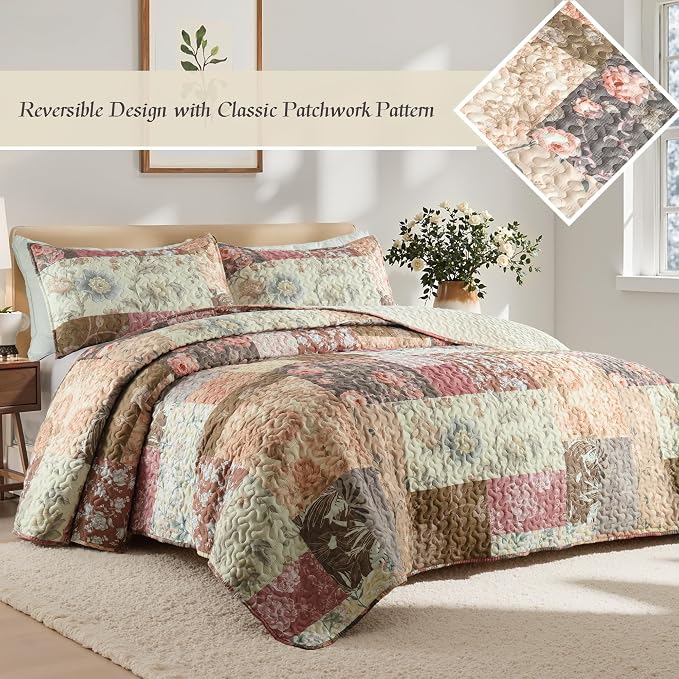 Whale Flotilla Patchwork Quilts Queen Size, Extra Soft Floral Bedspreads | - Image 2
