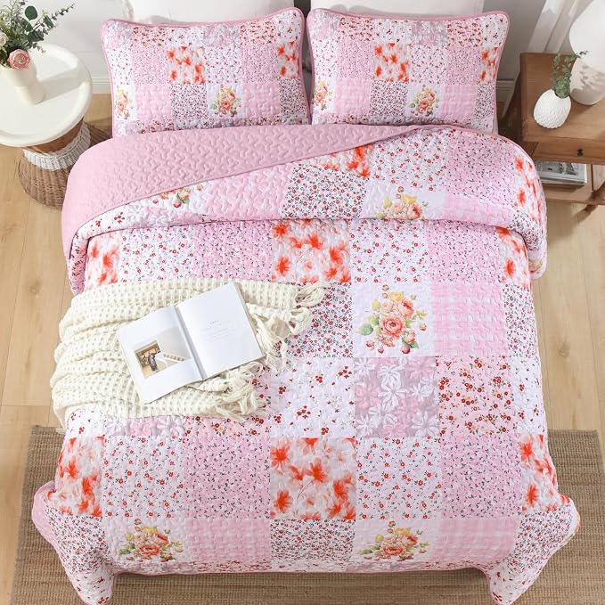 Mybedsoul Patchwork Quilt King Size, Soft Pink Boho Floral King Bedspreads - Image 5