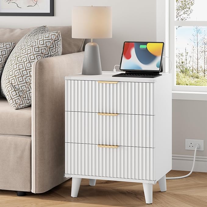 Wood Nightstands Set of 2 w/Charging Station, 3 Drawers Fluted Dresser | White - Image 4
