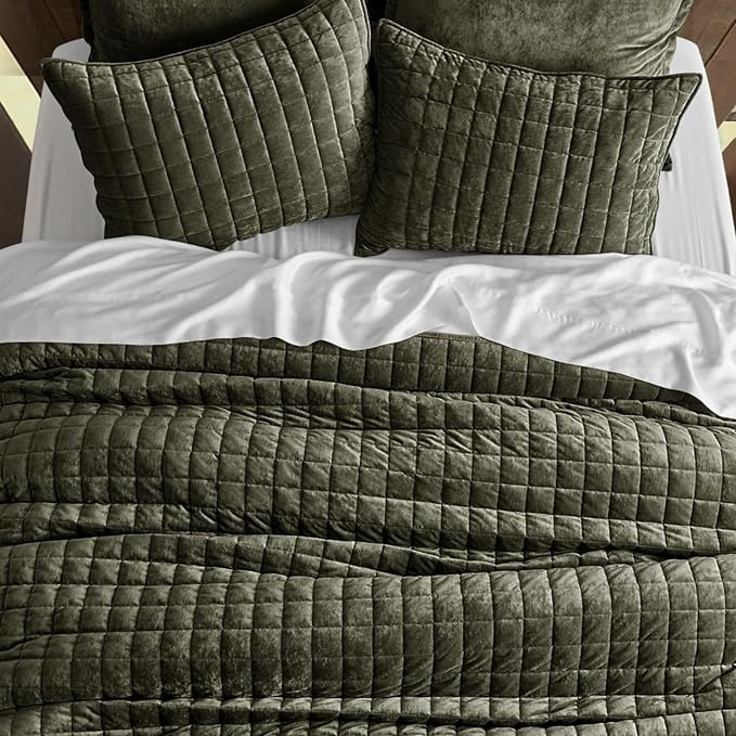 RECYCO Channel Box Stitch Velvet Quilt Set, Twin/Twin XL Size, Olive Green | - Image 3