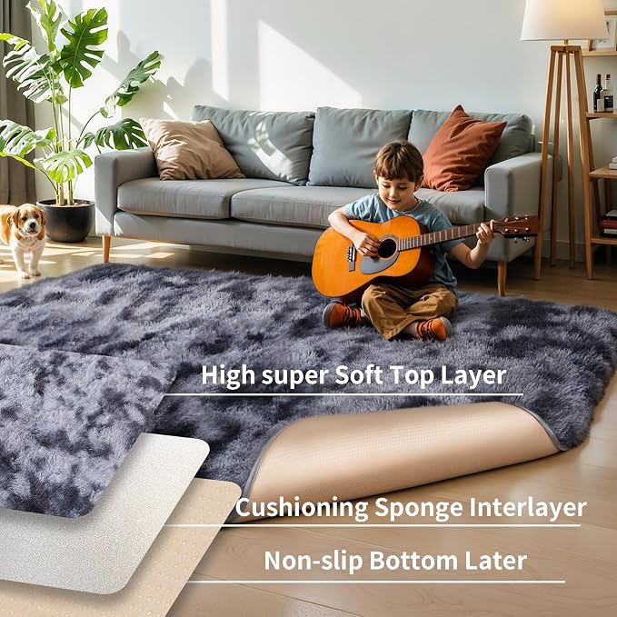 5x7 Thick Tie-dye Dark Grey Shag Rug - Image 4