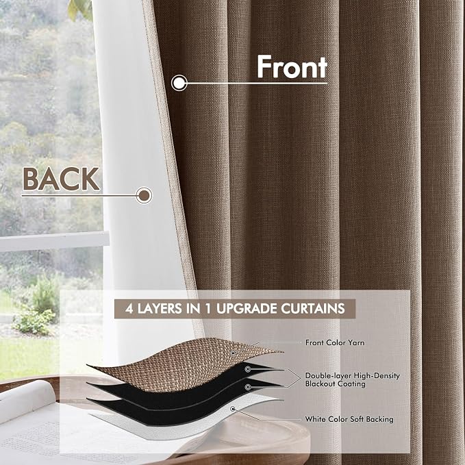 MIULEE 100% Blackout Back Tab Pleat Linen Curtains 50" Wx96 L, Dutch Cocoa | 2 - Image 5