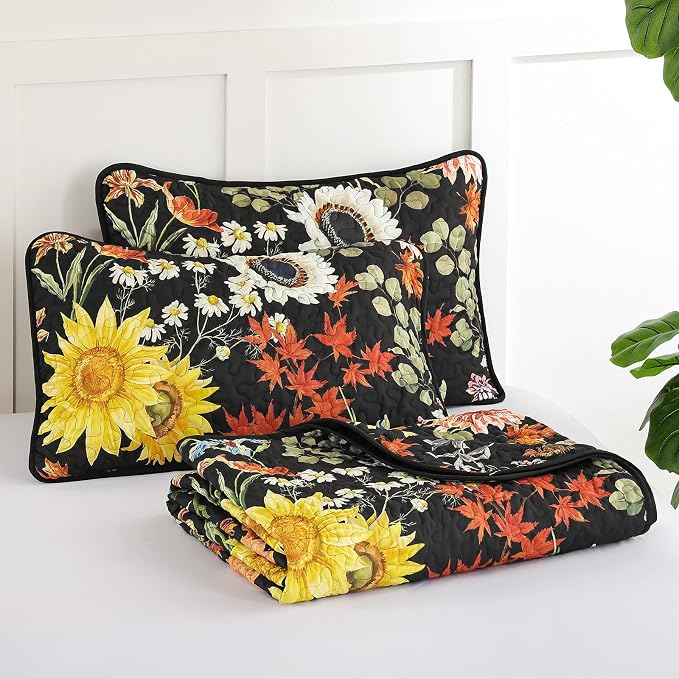 Yiran Black Yellow Full Size Quilt, Floral Bedspreads Bedding Set | 3 Pieces - Image 9