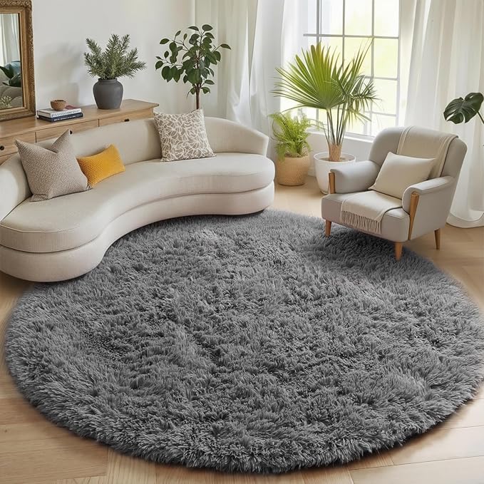Grey Round Rugs 7ft for Living Room, Fluffy Bedroom Circle Area Rug, Soft Plush - Image 7