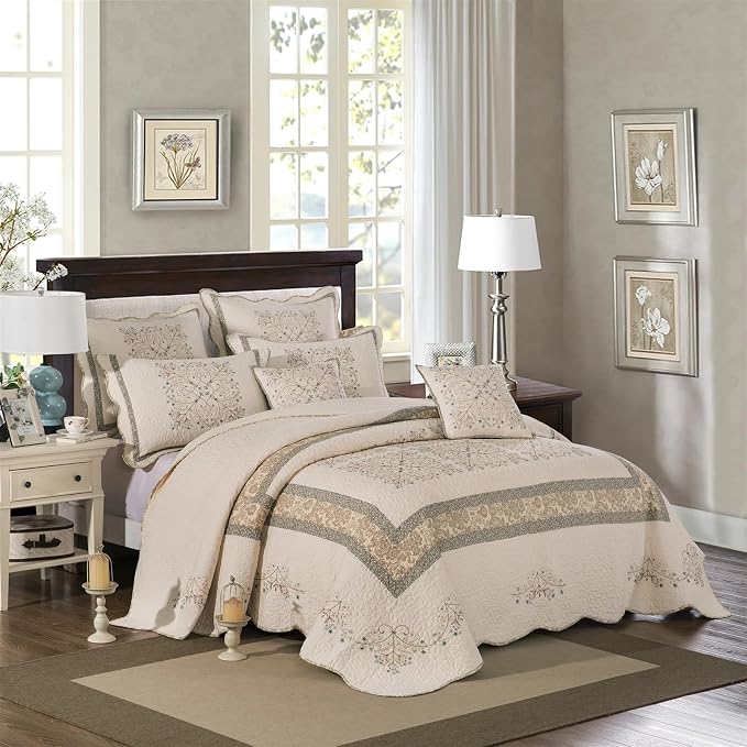 ROOMLIFE Quilt Set Queen Size 3D Floral Embroidery Pattern 3-Piece Cotton - Image 2