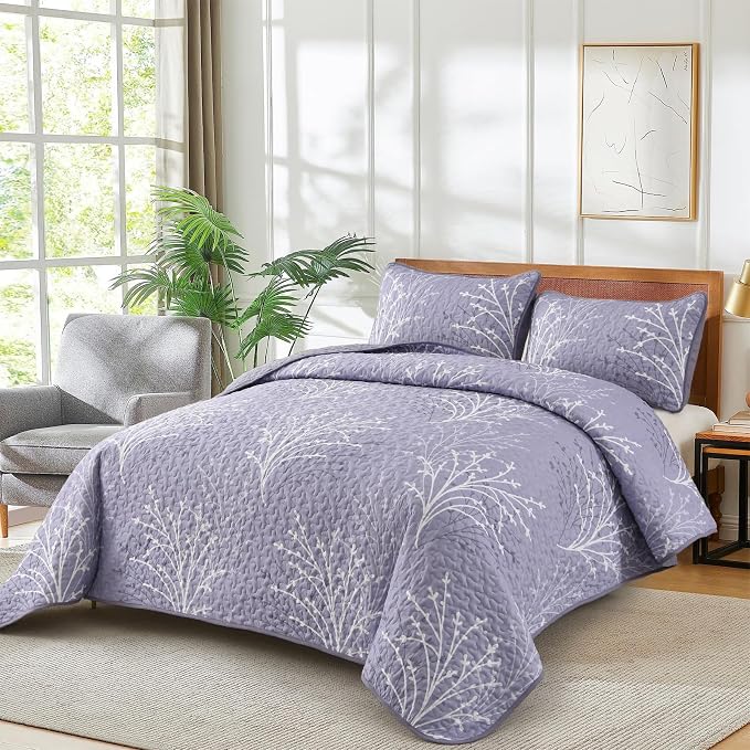 DJY Purple Quilt Set Queen Size Branch Botanical Bedspread Coverlet Set | 3 - Image 2