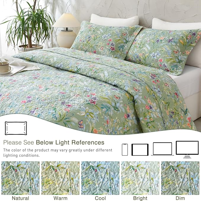 QSH 3Pcs Green Floral Quilt Oversized Queen Size -100% Cotton Quilt Oversized - Image 7