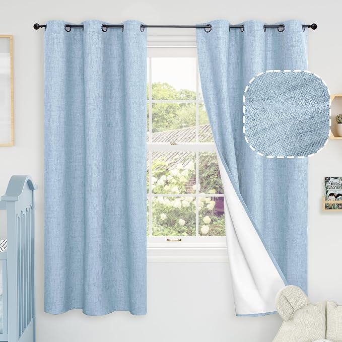Baby Blue Linen Blackout Curtains 63 Inch Long Each 38 Wide 2 Panels | Thermal by Lajode