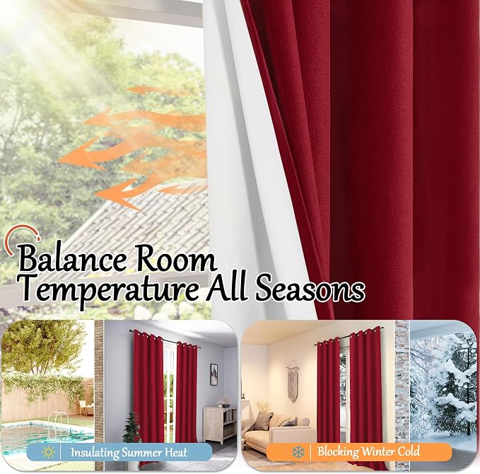 Red Linen Blackout Curtains for Living Room, 52x90 Inch 2 Panels | Faux Linen - Image 6