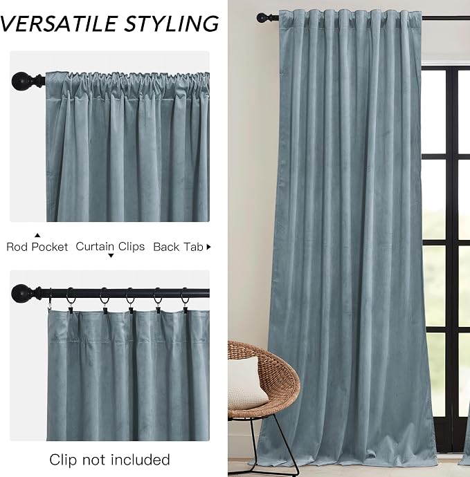 RYB HOME Stone Blue Velvet Curtains - Image 3