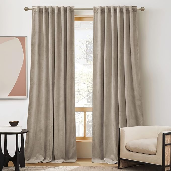 RYB HOME Camel Beige Velvet Curtains 100 inches, Long Floor Length Drapes | - Image 5